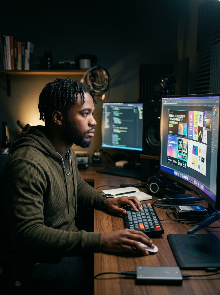 A video editor at work in a home studio